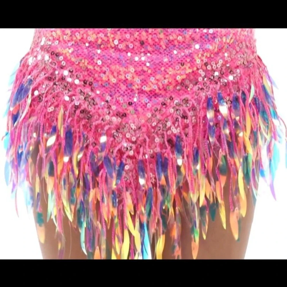 Tenth House Essence Hot Pink Sequin Dance Leotard Iridescent Fringe Costume SA